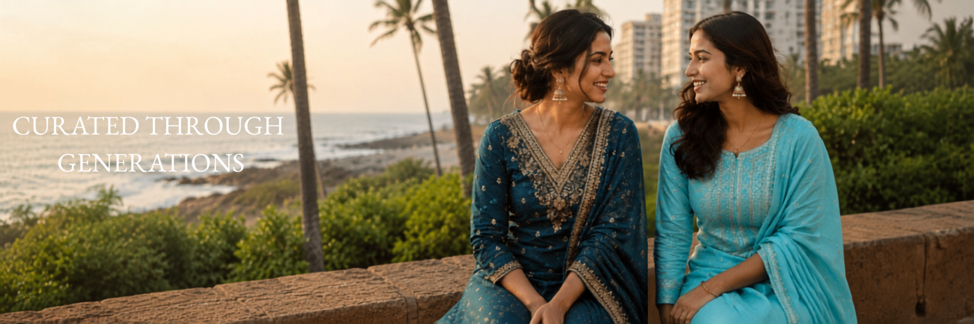 Two women in traditional Indian attire by the seaside